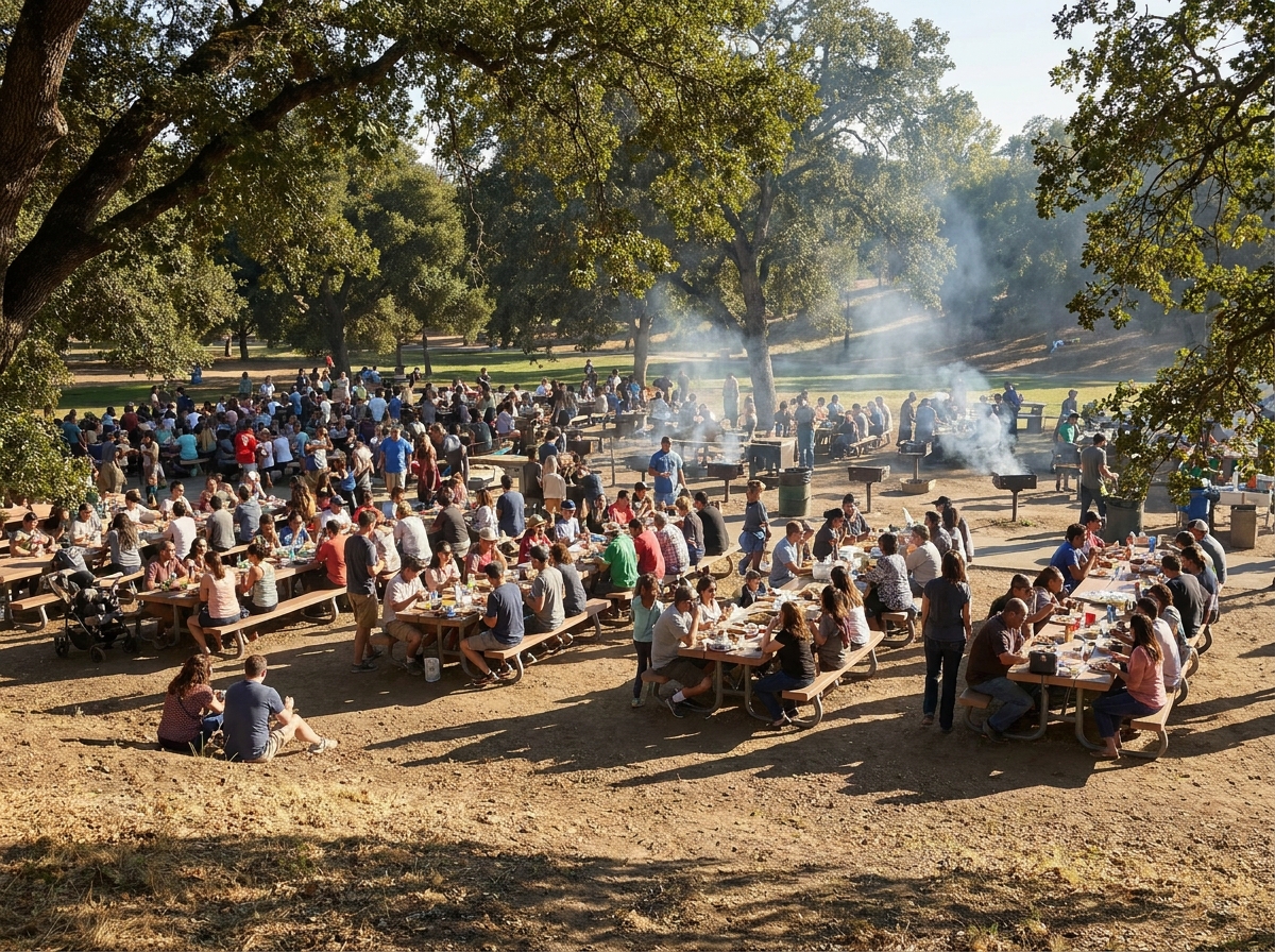 A community gathering for an Independence Day barbecue in a park.