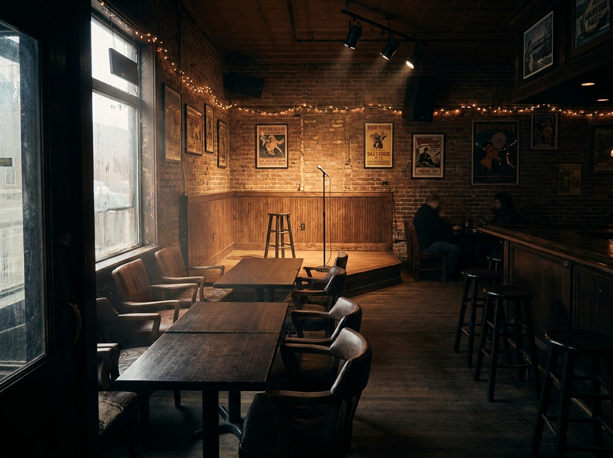 The empty corner stage of a bar, a common venue for comedy nights in Indianapolis.