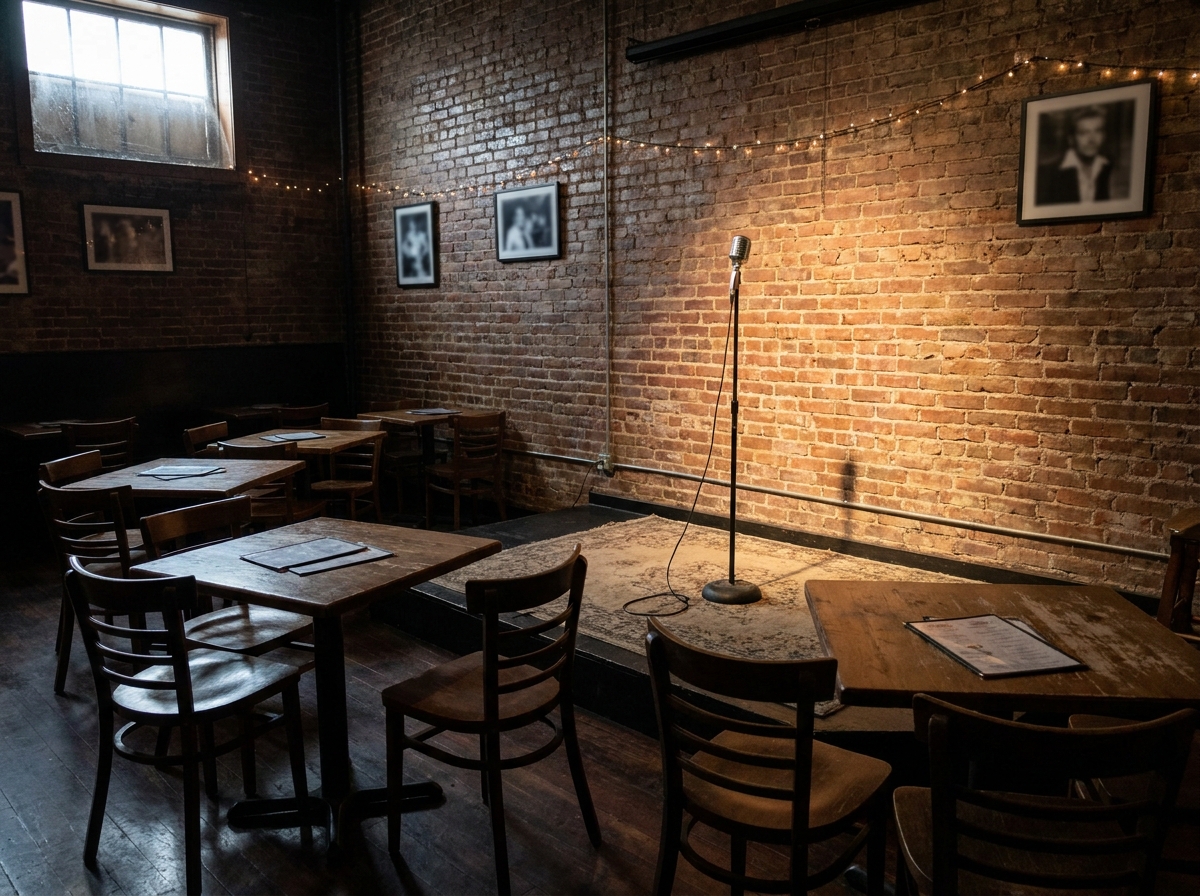 A microphone on a stand on an empty comedy club stage.