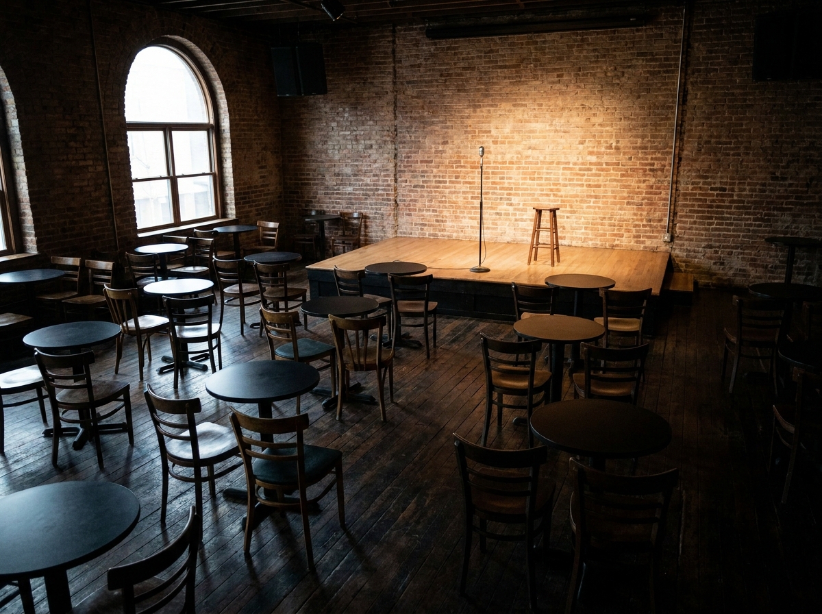 An empty comedy club in Indianapolis before a show begins.