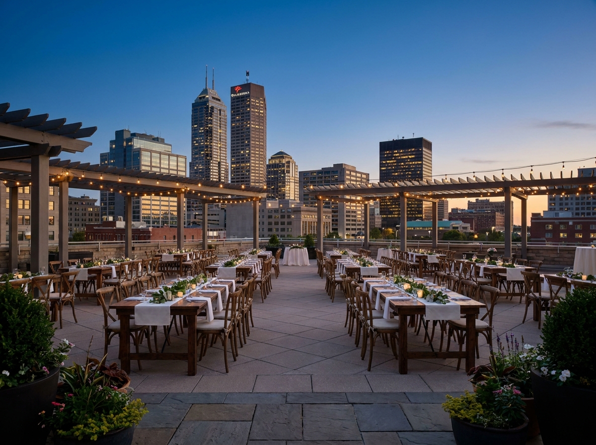 Rooftop event space overlooking the Indianapolis skyline at dusk.