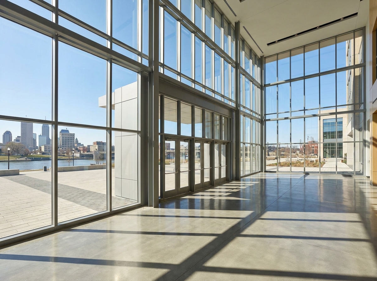 The empty, modern lobby of an Indianapolis conference center.