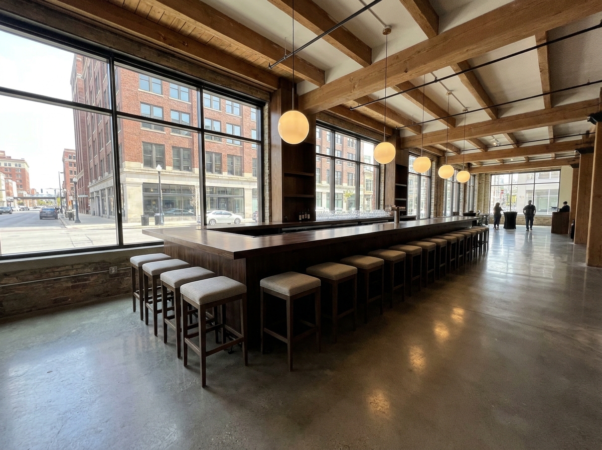 An empty, well-lit bar in an Indianapolis event venue.