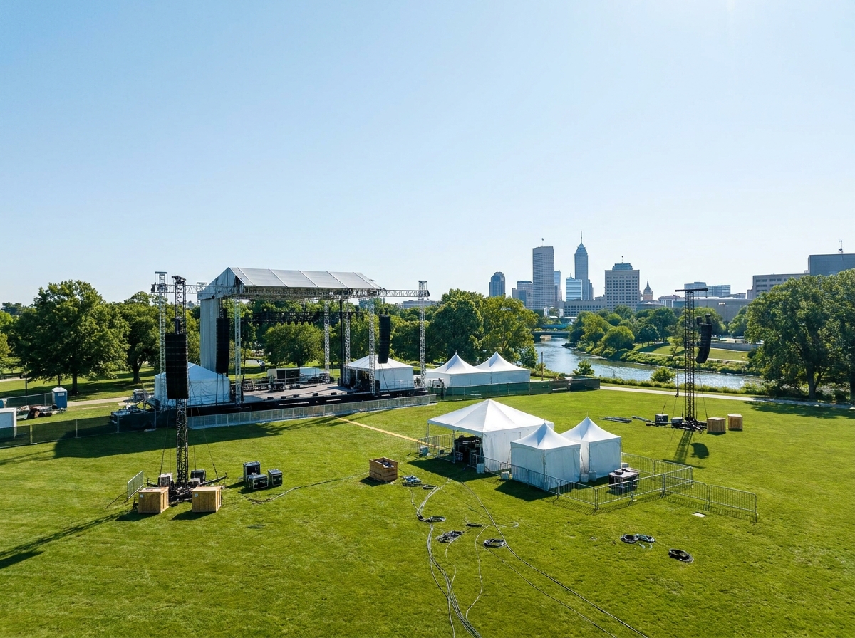 An outdoor festival site in an Indianapolis park prepared for an event.