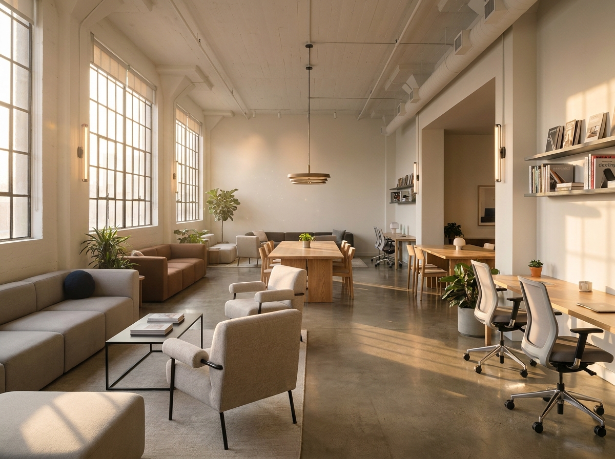 A modern co-working lounge prepared for a professional networking event.
