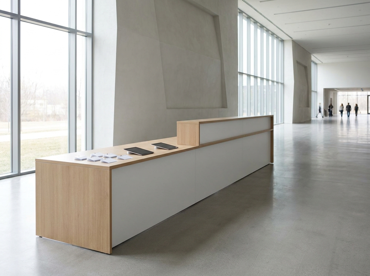 A sleek, empty registration desk set up for a business event in Indianapolis.