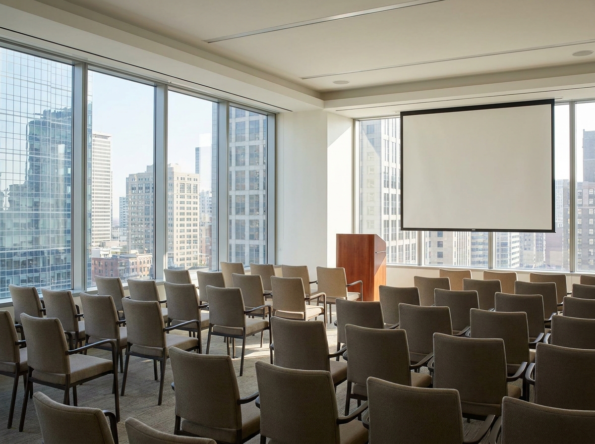An empty conference room in Indianapolis set for a professional seminar.