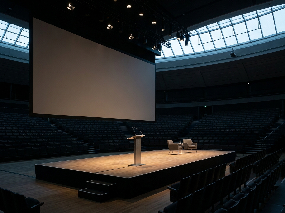 An empty stage with a lectern, set up for a professional event presentation.