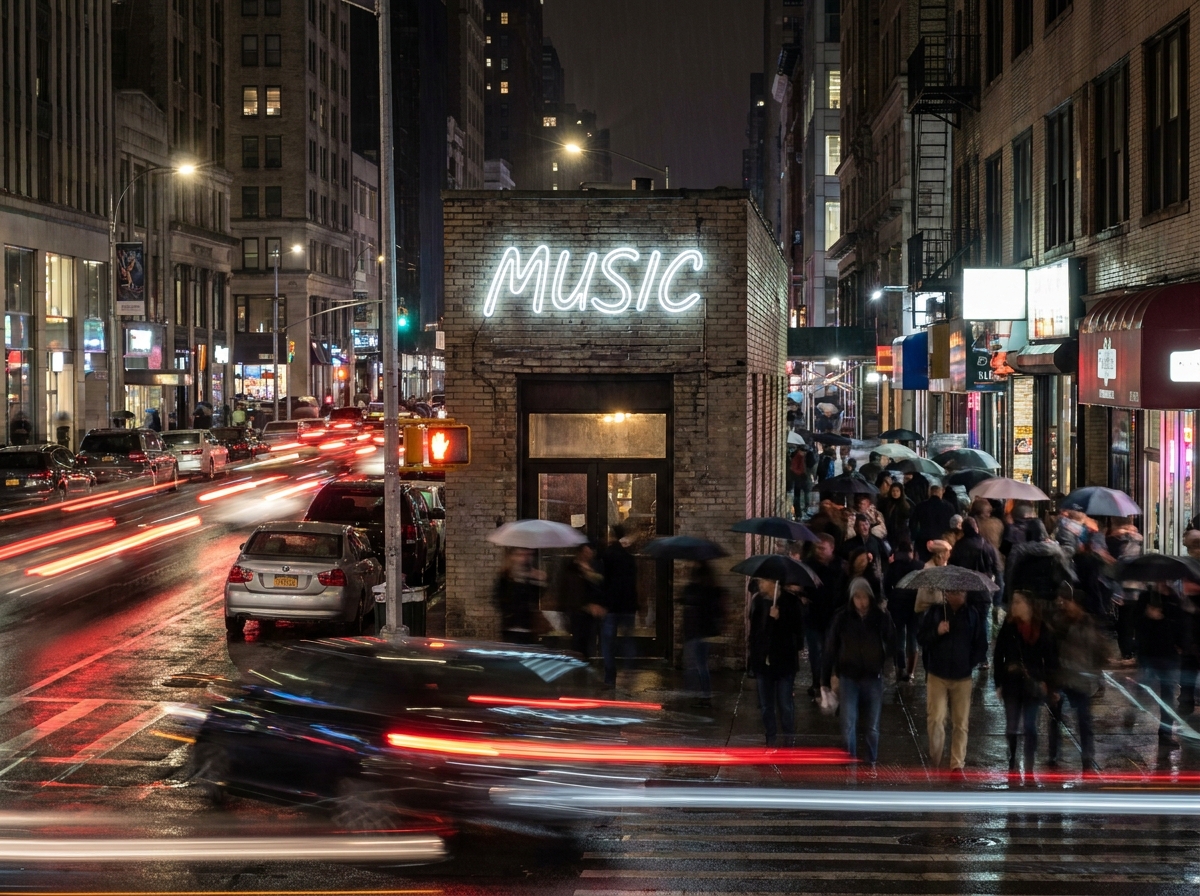 The entrance to an indie music venue on a busy city street at night.
