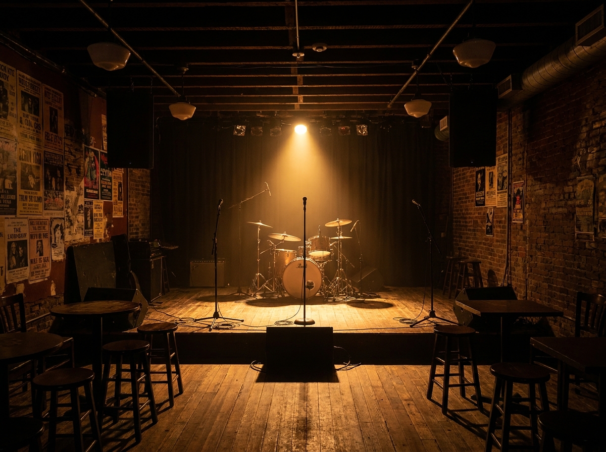 An empty, pre-show stage with instruments at an indie music venue.