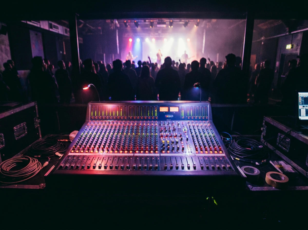 A soundboard at an indie music event, with stage lights reflecting on it.