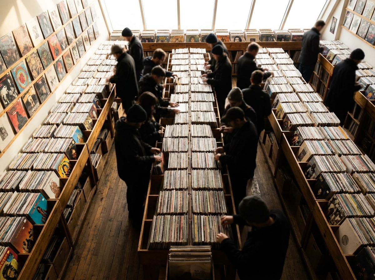 An aisle in a record store, showing rows of colorful vinyl album covers.