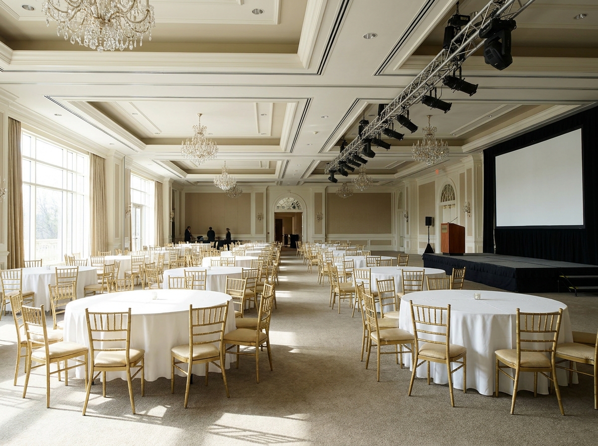 A hotel conference room in Irvine prepared for a business event or seminar.