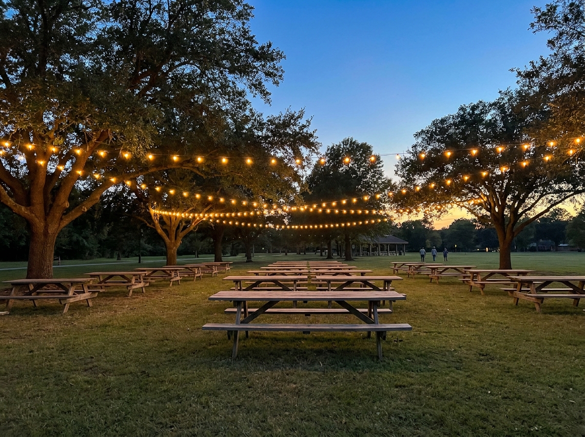 An outdoor community event space in Jackson set up for an evening festival.