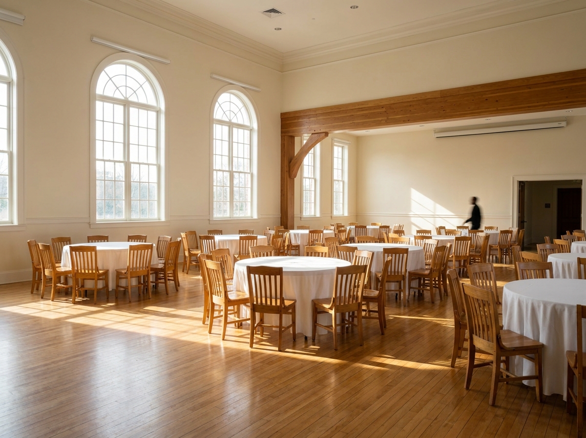 An empty community event hall in Jackson prepared for a ticketed event.