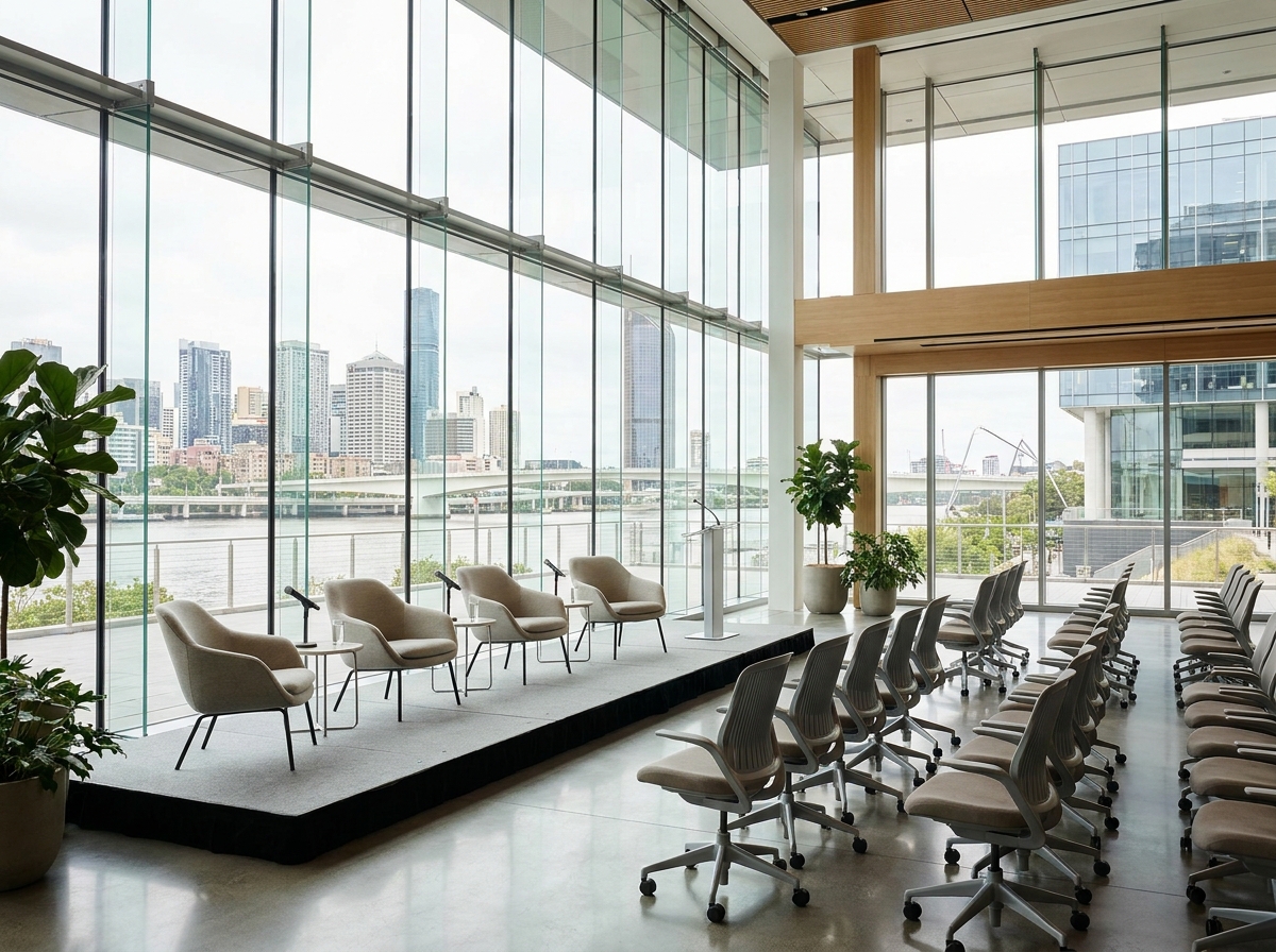 A modern room prepared for a professional panel discussion in Jacksonville.