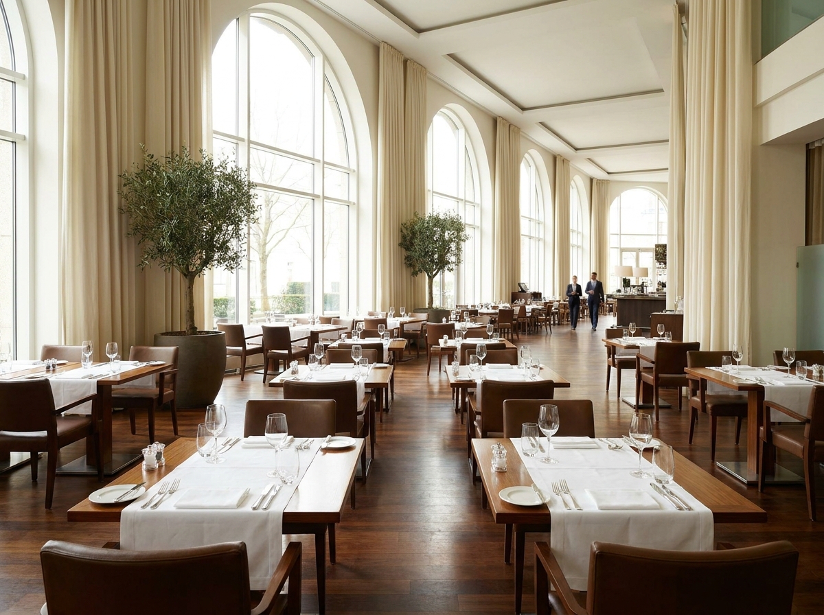 Elegant restaurant space set up for a business networking event.