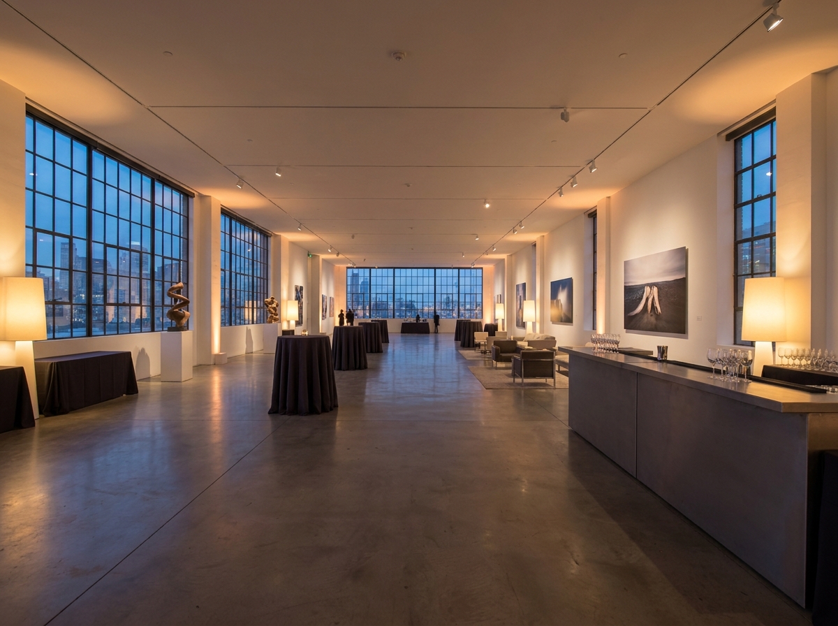 An art gallery space prepared for a corporate networking event.
