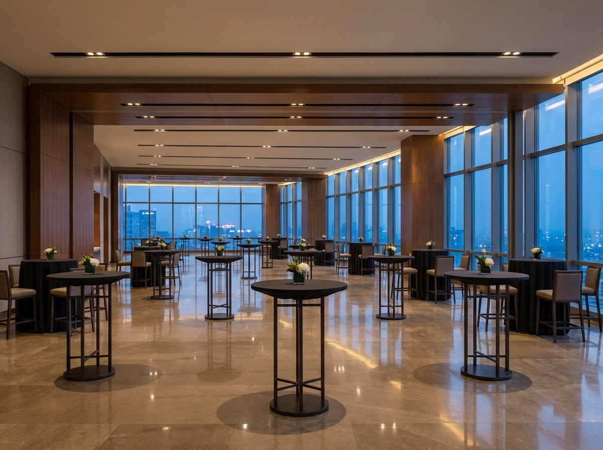 An empty hotel ballroom set for a professional networking event.