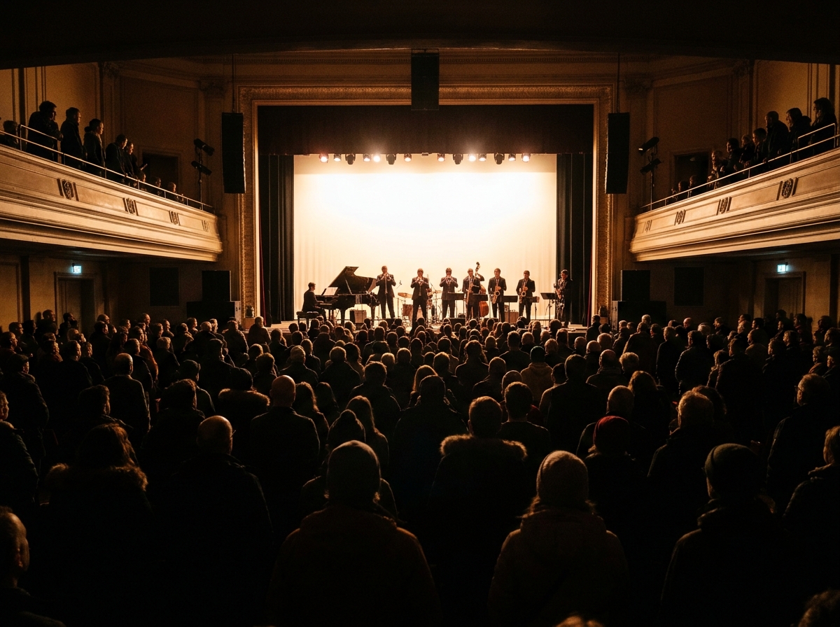 A large audience watching a jazz band perform on stage in a concert hall.