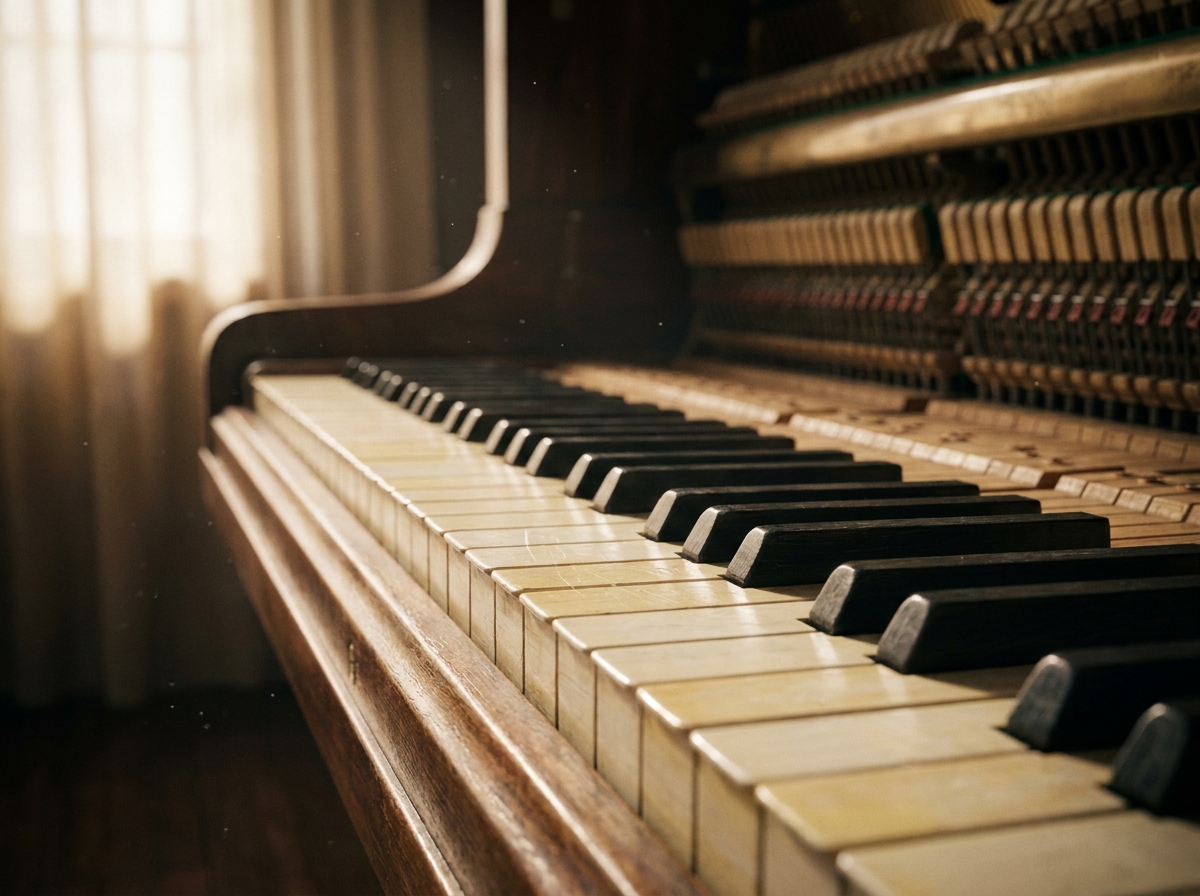 A close-up view of the keys of a grand piano on a stage.
