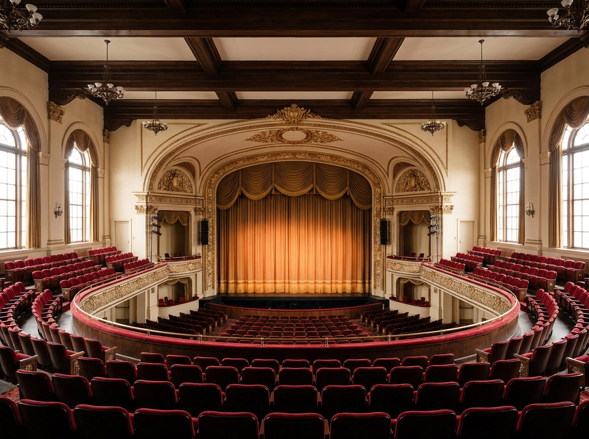 Rows of empty velvet seats in a theater facing an empty stage, ready for a jazz event.