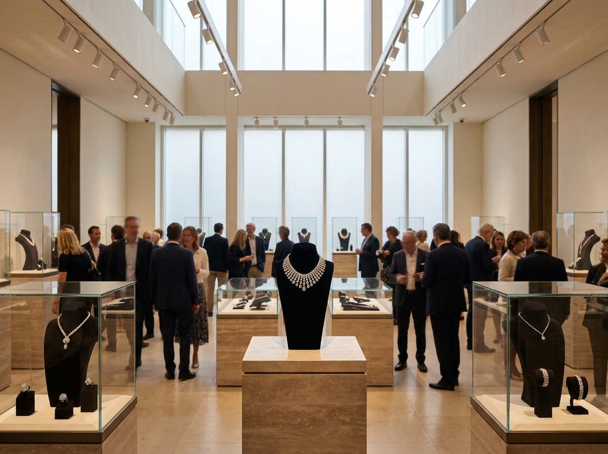 A stunning diamond necklace on display at a high-end jewelry event.