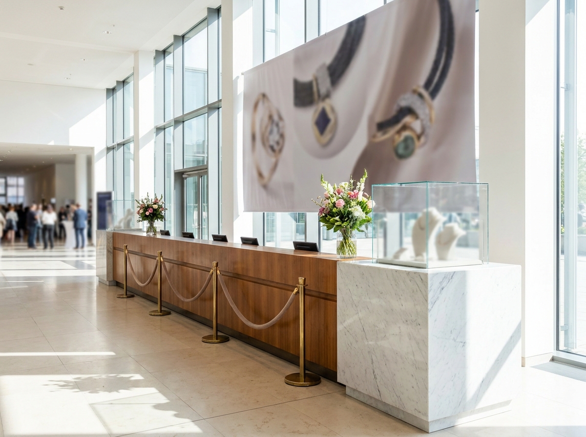The empty, professional registration area for a jewelry event, ready for attendees.