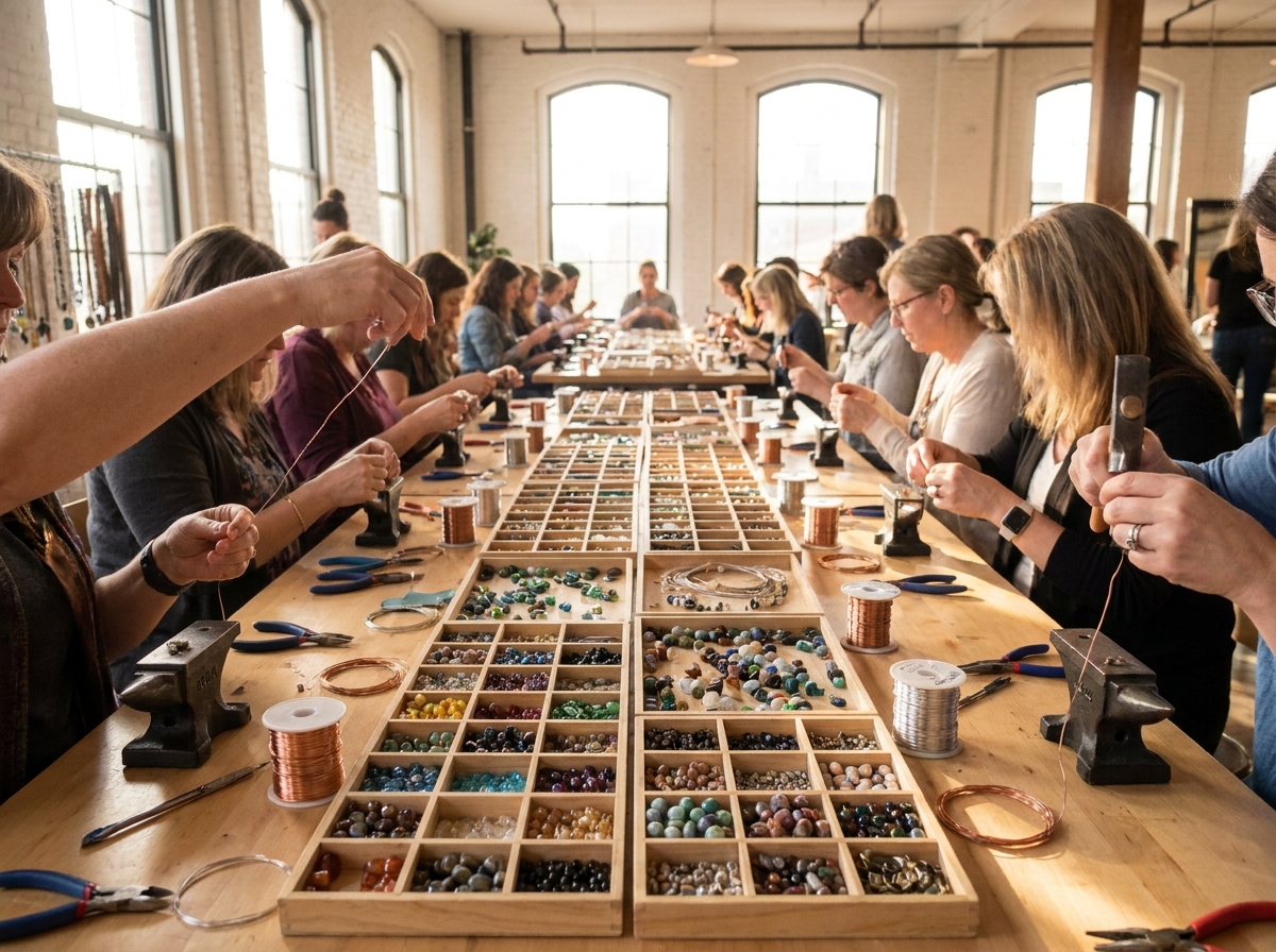 A table at a jewelry-making workshop with various beads and tools laid out.