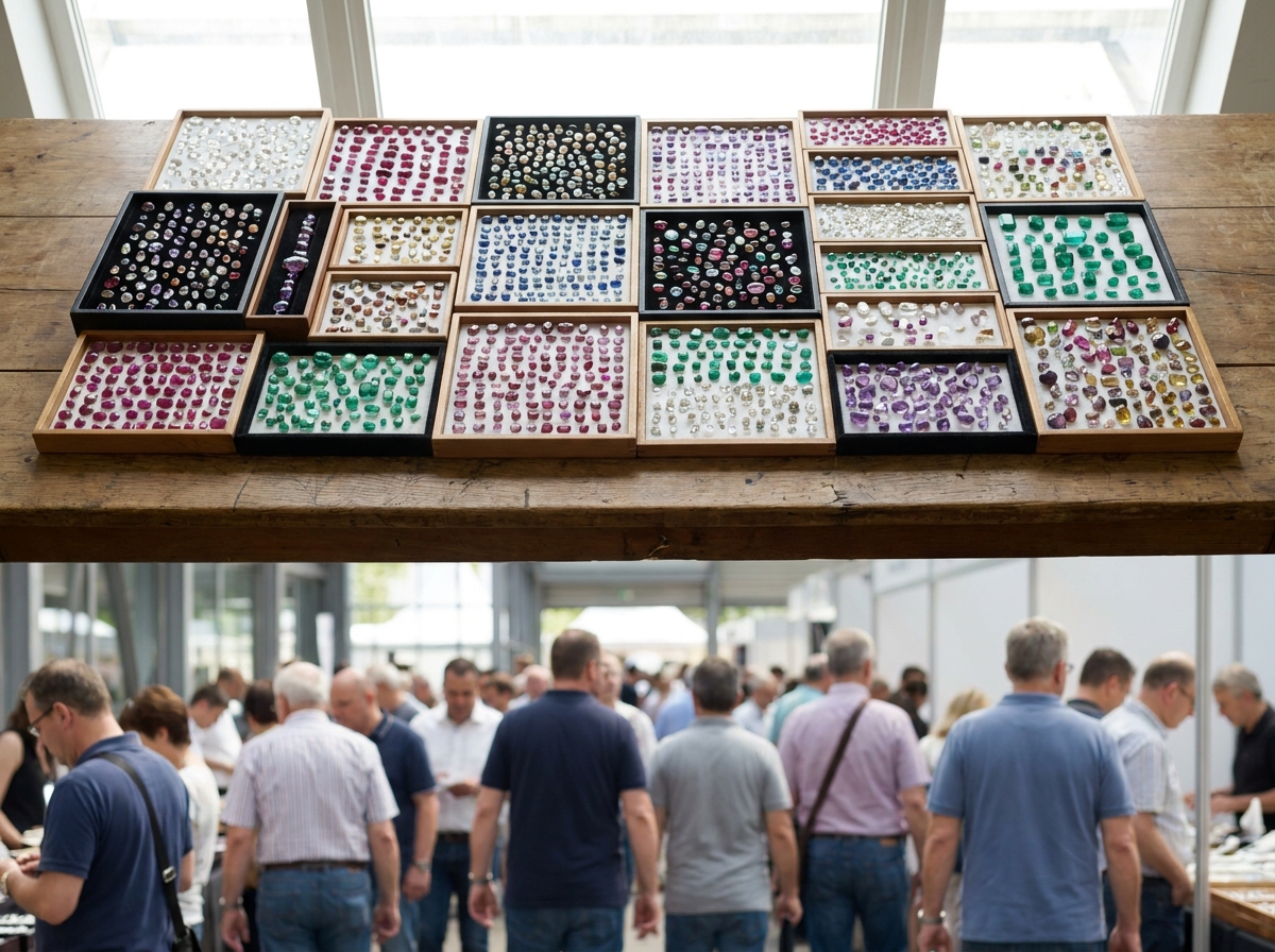 Trays of sparkling, multi-colored gemstones ready for a jewelry event.