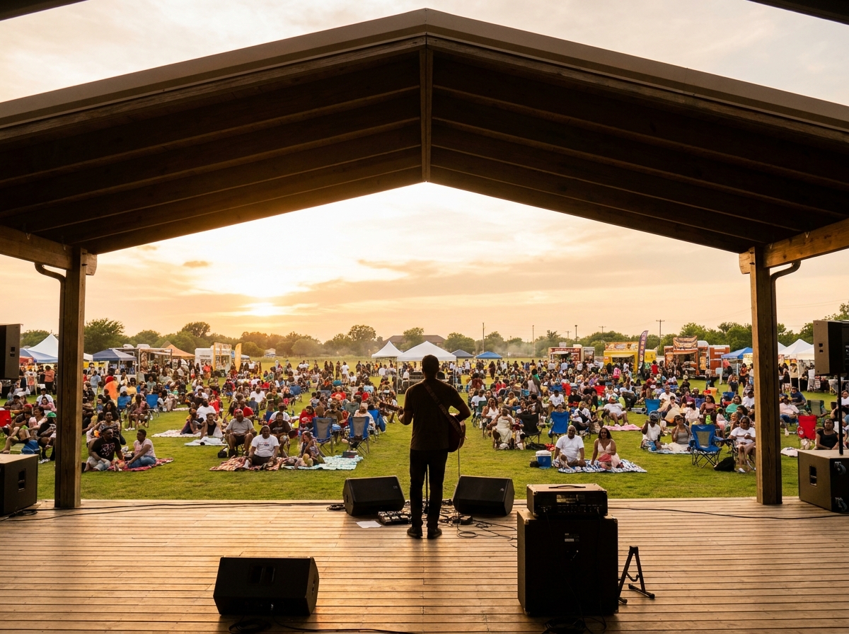 A musician performing on stage at a large Juneteenth festival at sunset.
