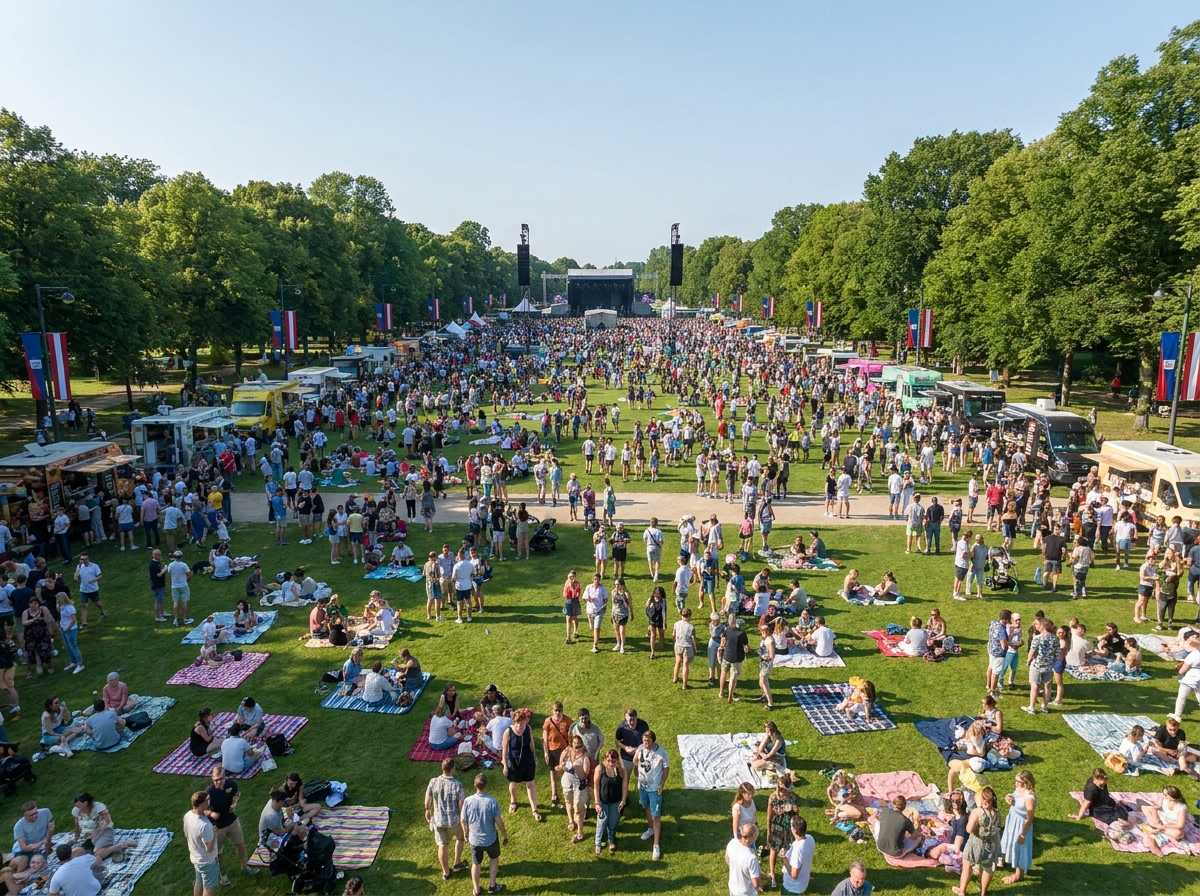 Aerial view of a packed Juneteenth community event in a large park.
