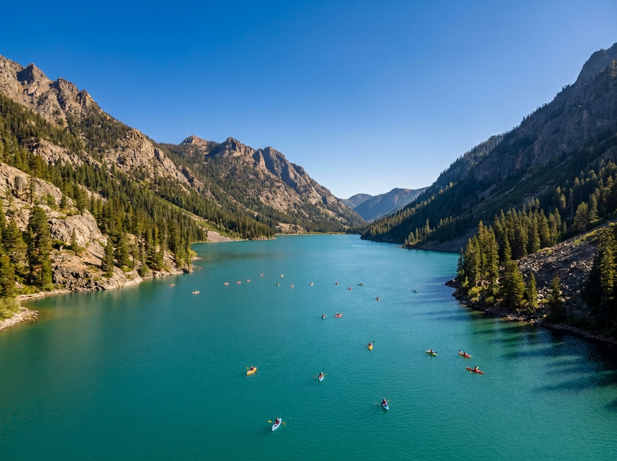 Aerial view of a kayaking tour on a large, scenic lake, an example of a water outdoor event.