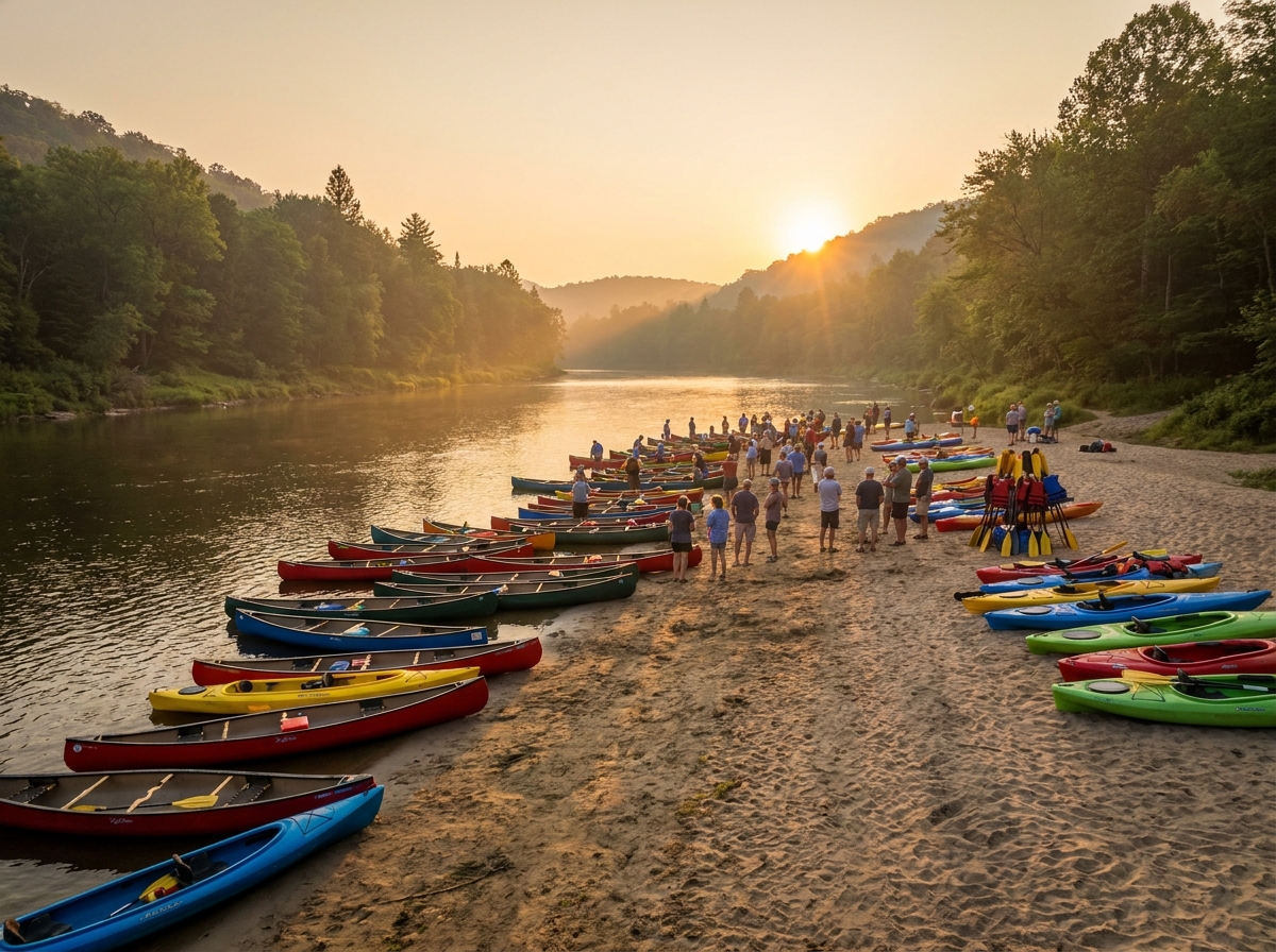 Kayaks and canoes lined up on a shore, prepared for a paddling tour registration event.