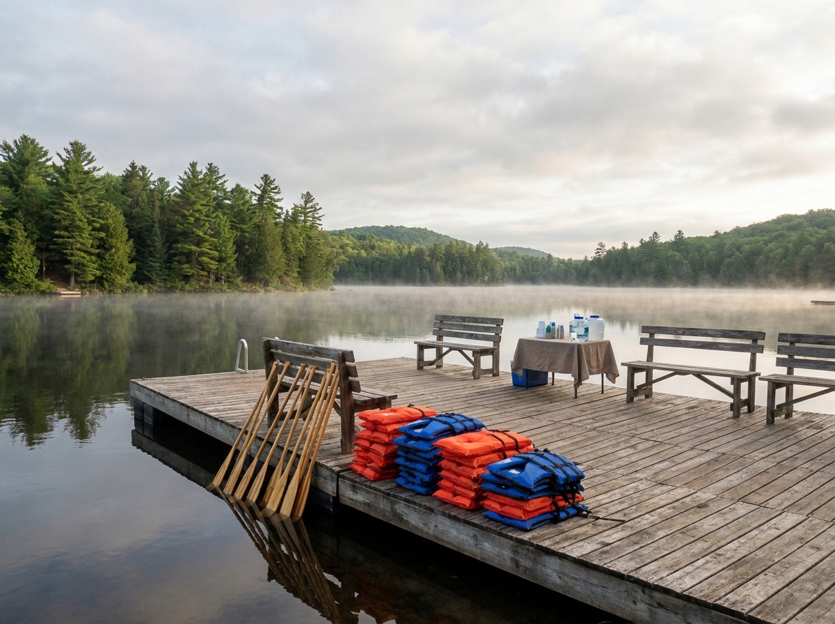 Equipment for a kayaking event, including paddles and life vests, on a dock.