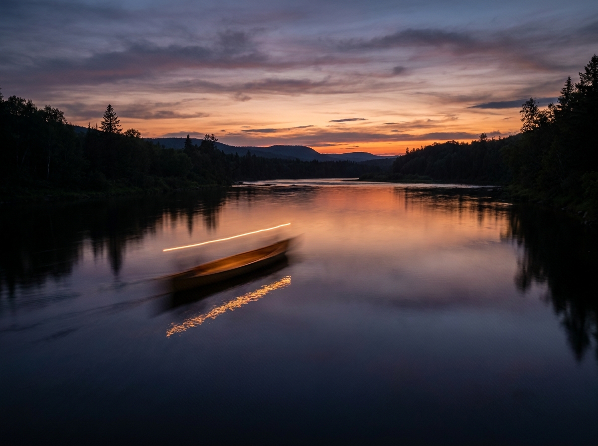 A canoe paddling on a river at dusk, representing a serene canoeing event.