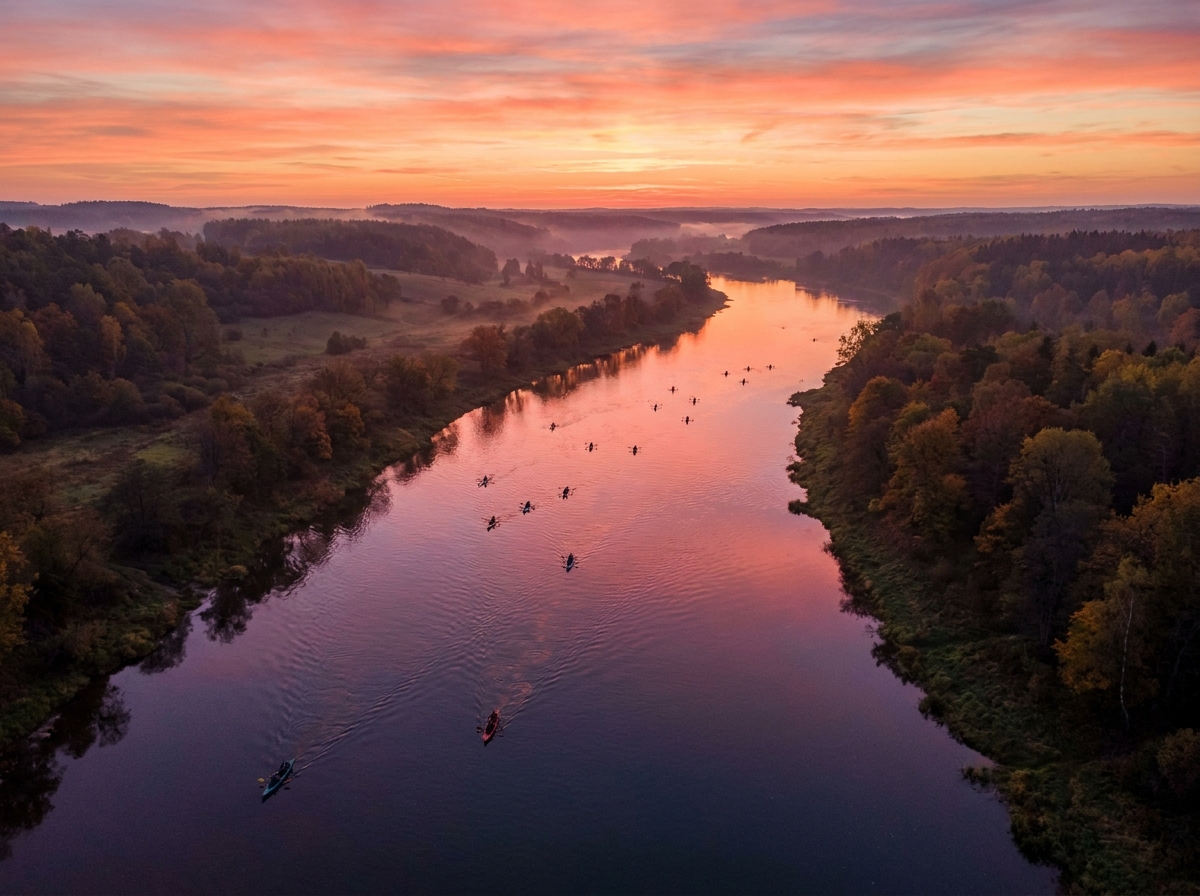 Kayakers paddling on a river at sunrise, seen from above.