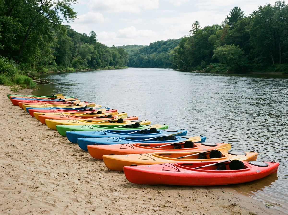 Colorful kayaks prepared on a shore for a kayaking event.