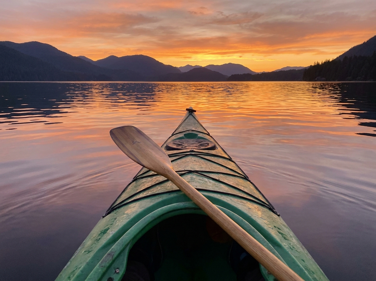 View from a kayak on the water, looking toward a beautiful sunset over mountains.