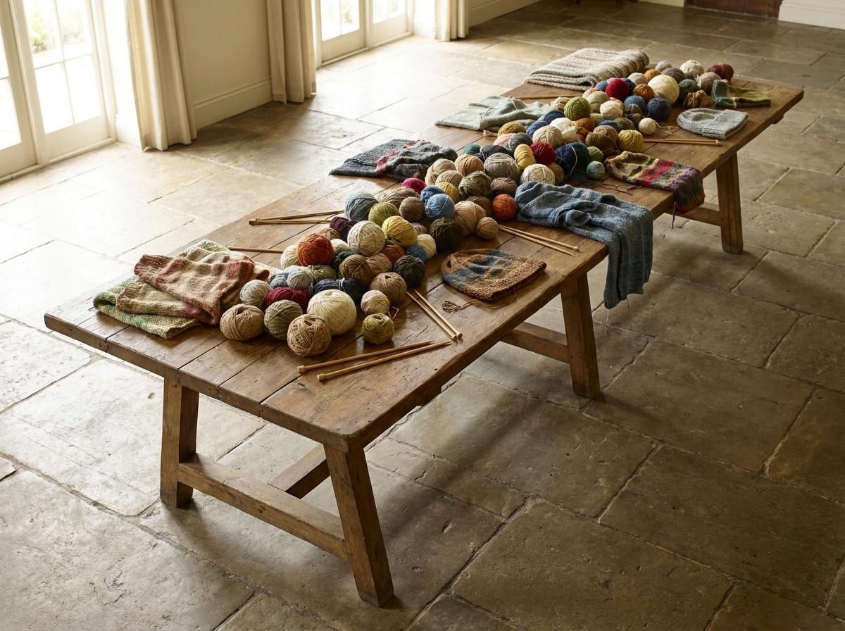 Colorful yarn and knitting projects laid out on a table, ready for a knitting workshop.