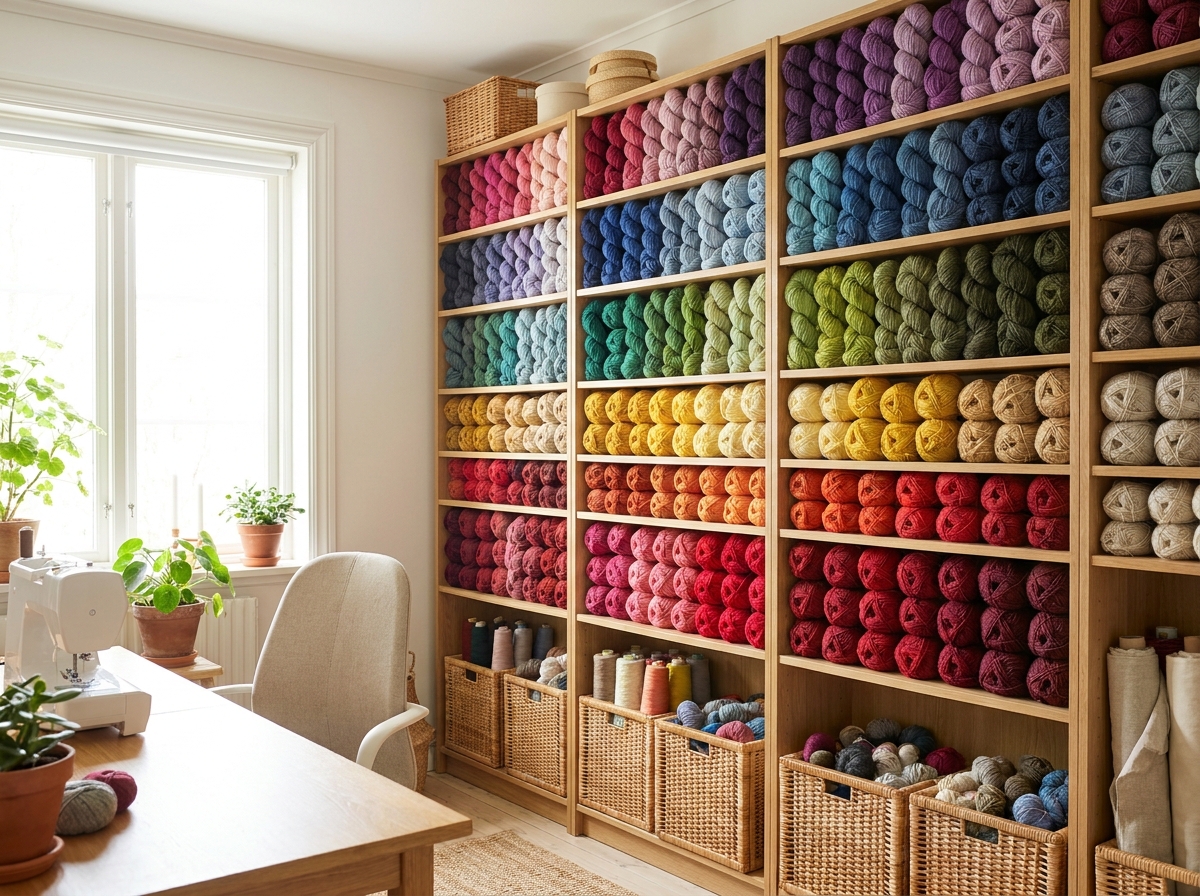 A colorful wall of yarn on shelves, representing materials for a knitting class.