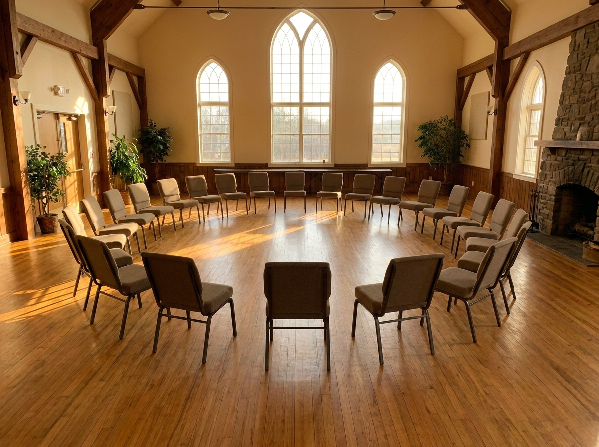 An empty, well-lit room with chairs set up for a community knitting event.
