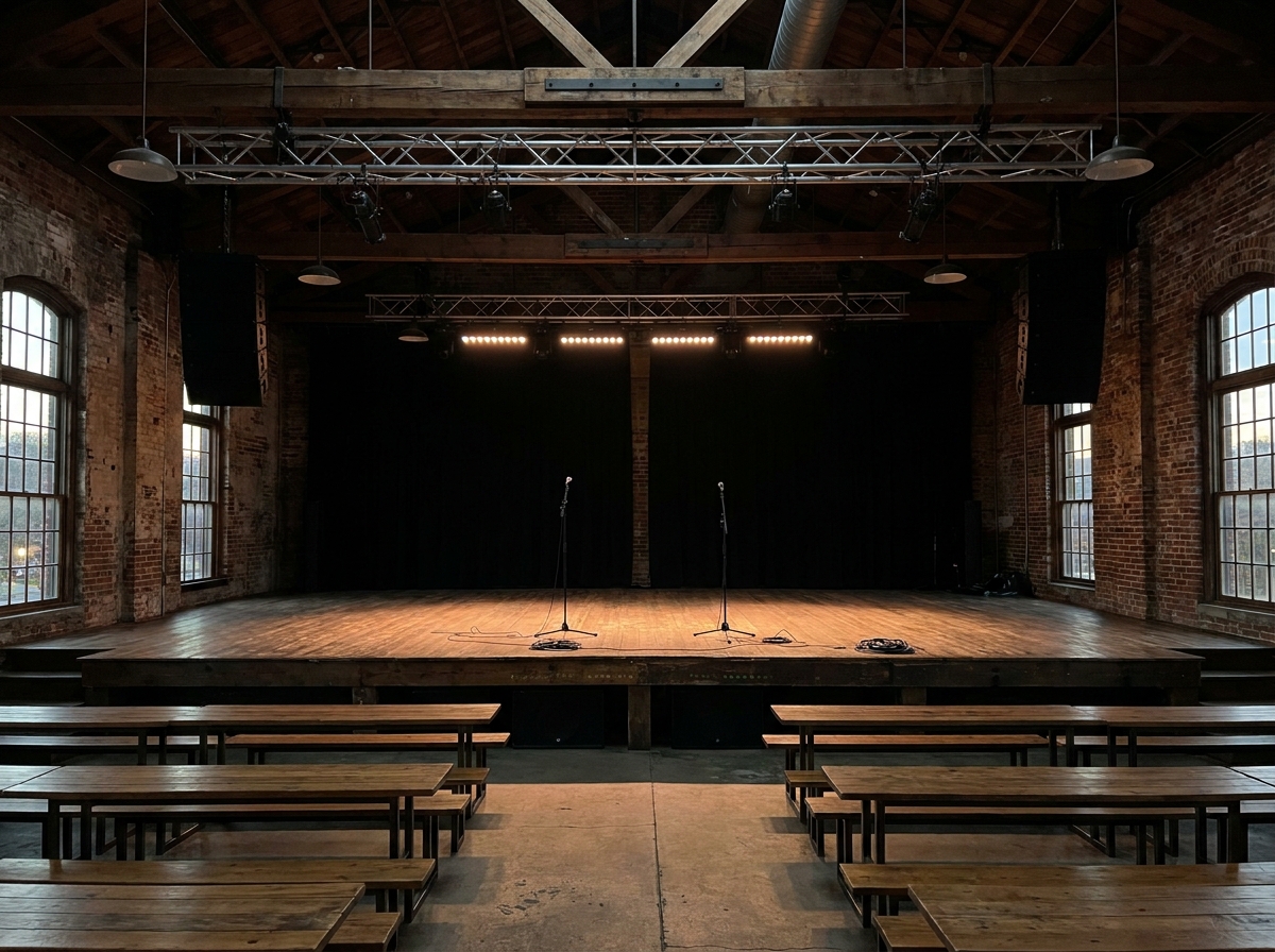 An empty stage and microphone at a music venue in Knoxville's Old City.