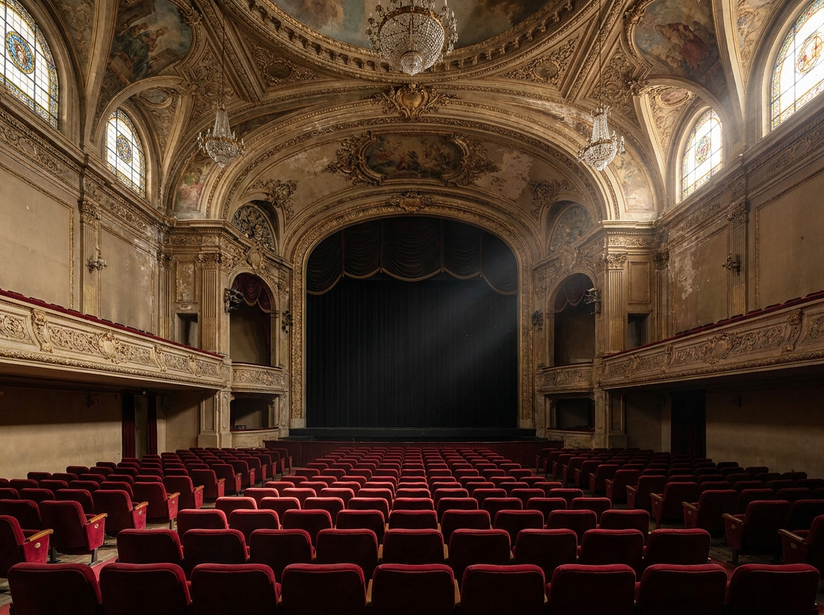 Empty seats facing the stage in a historic Knoxville-style theater.