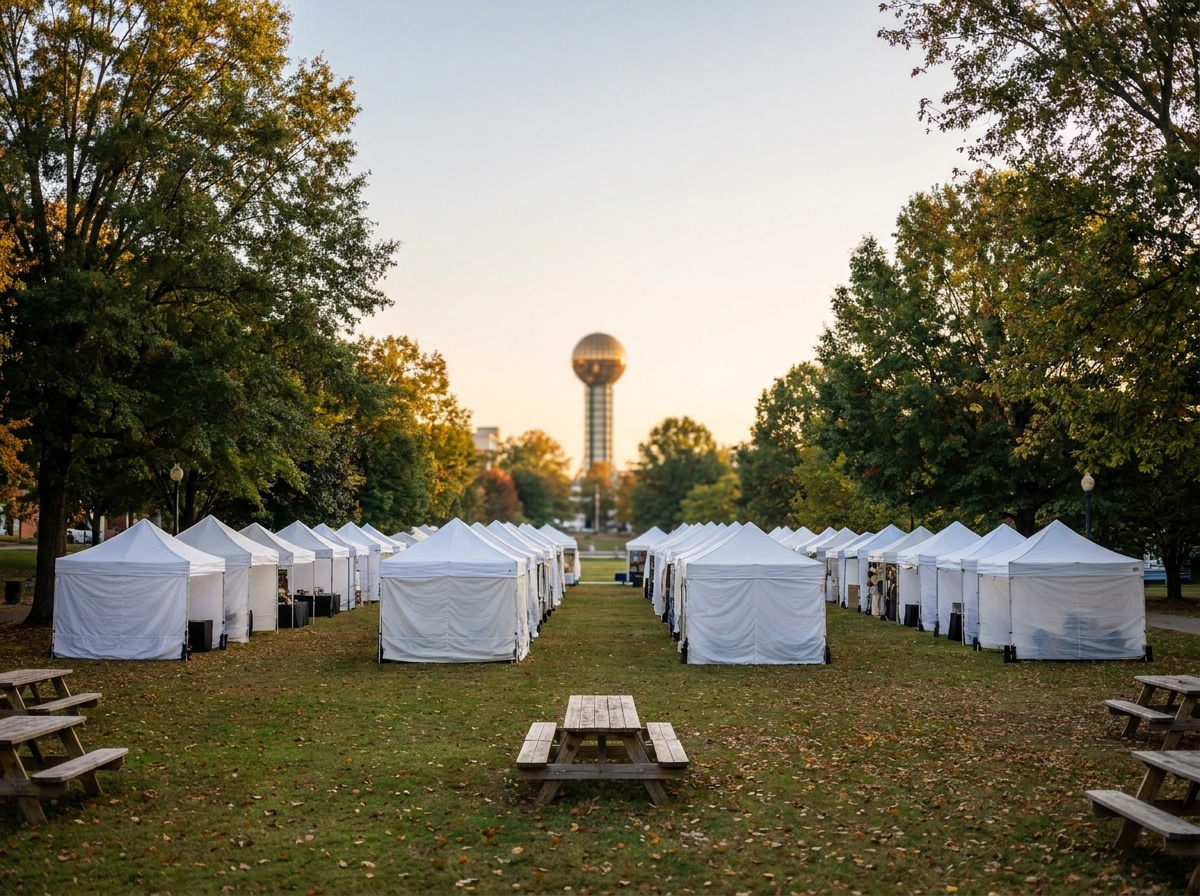 An empty park in Knoxville prepared for a festival, with the Sunsphere in the distance.