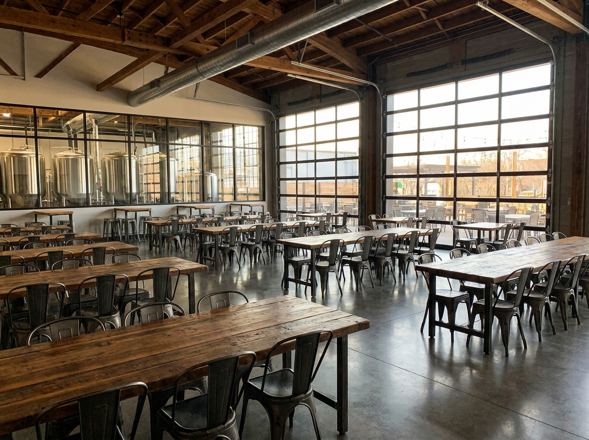 A modern craft brewery taproom in Knoxville set up for an event.