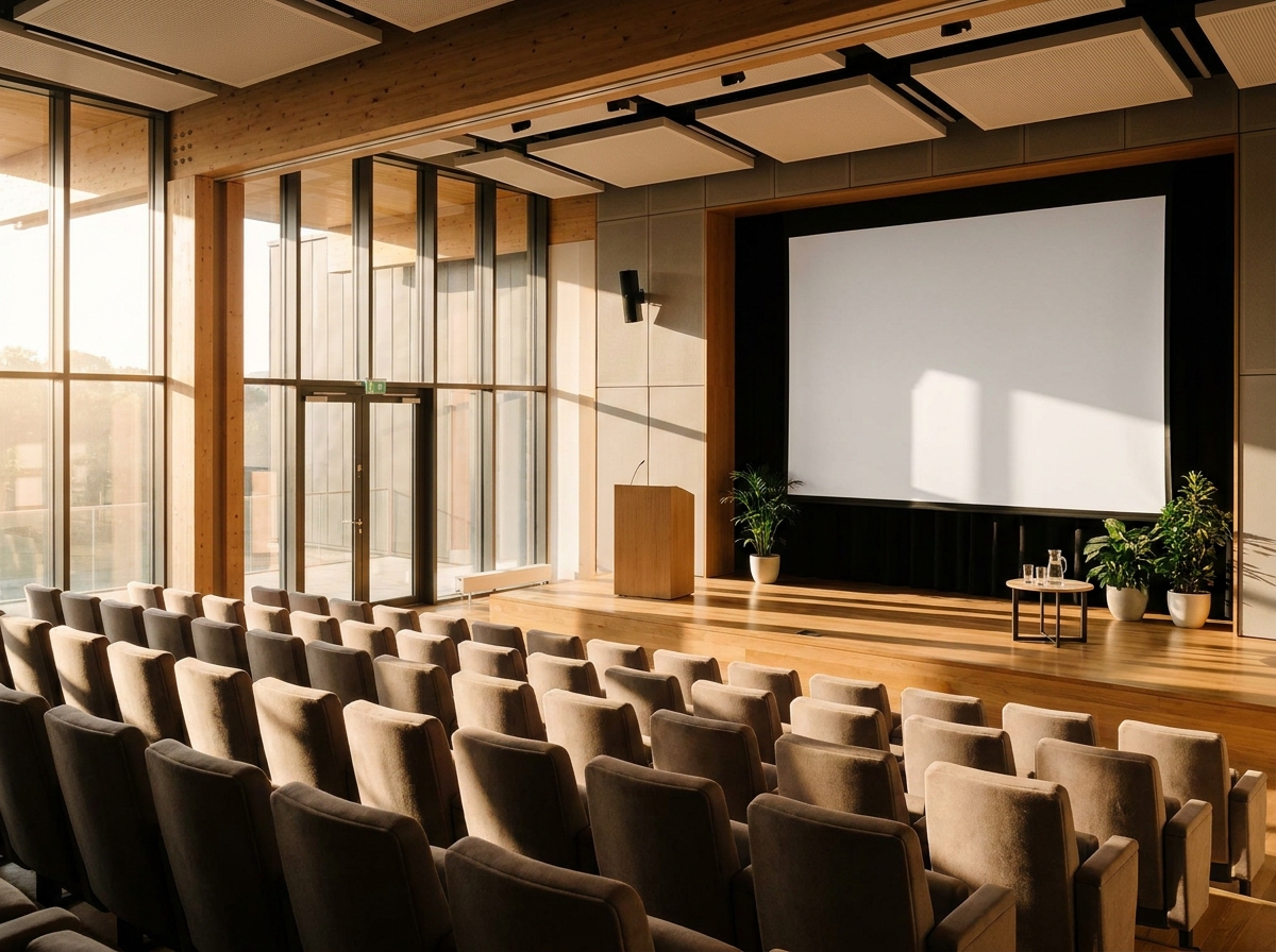 An empty stage and seating in a lecture hall set up for a business event.
