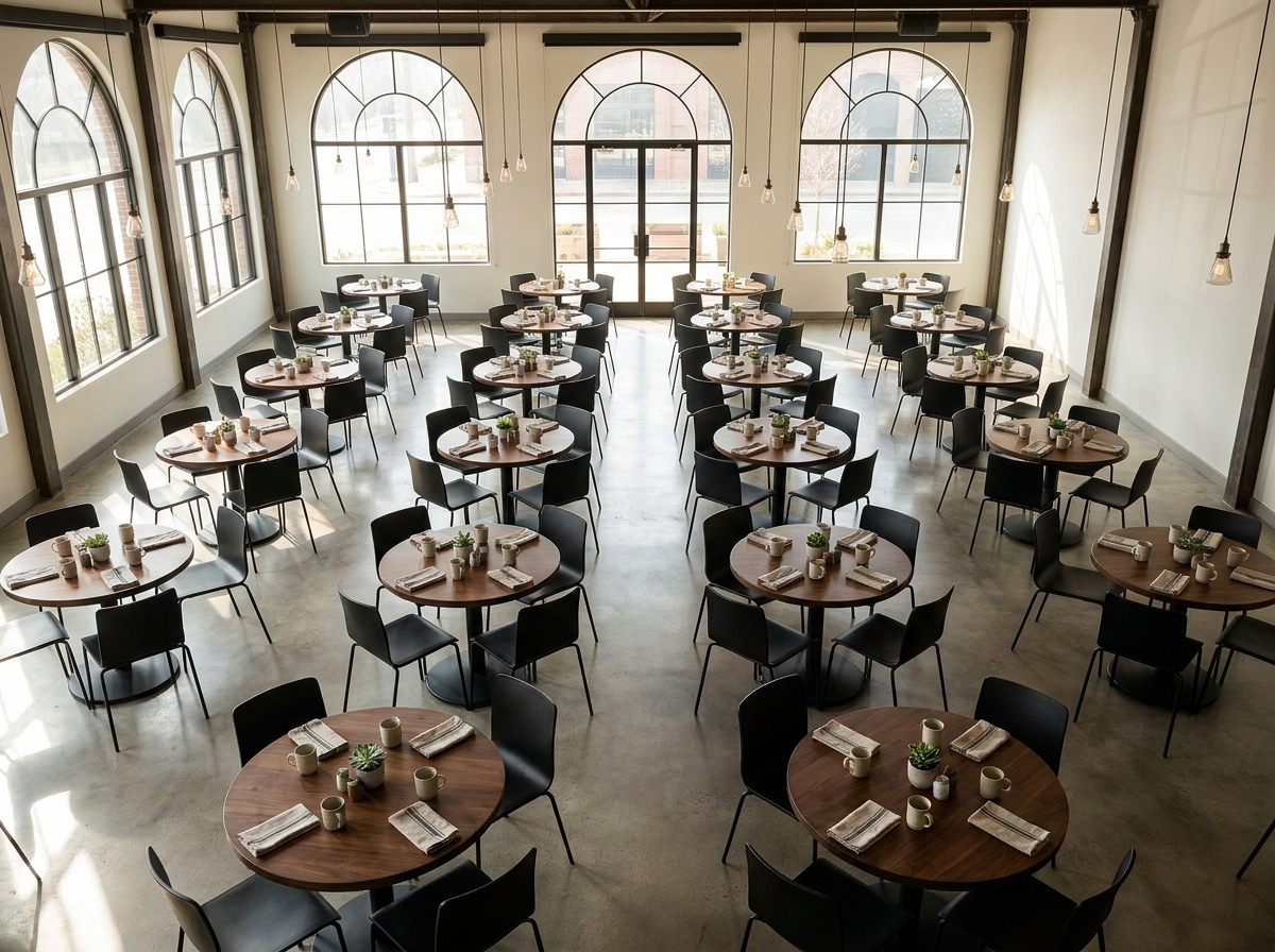 Tables and chairs arranged in a modern space for a business breakfast.