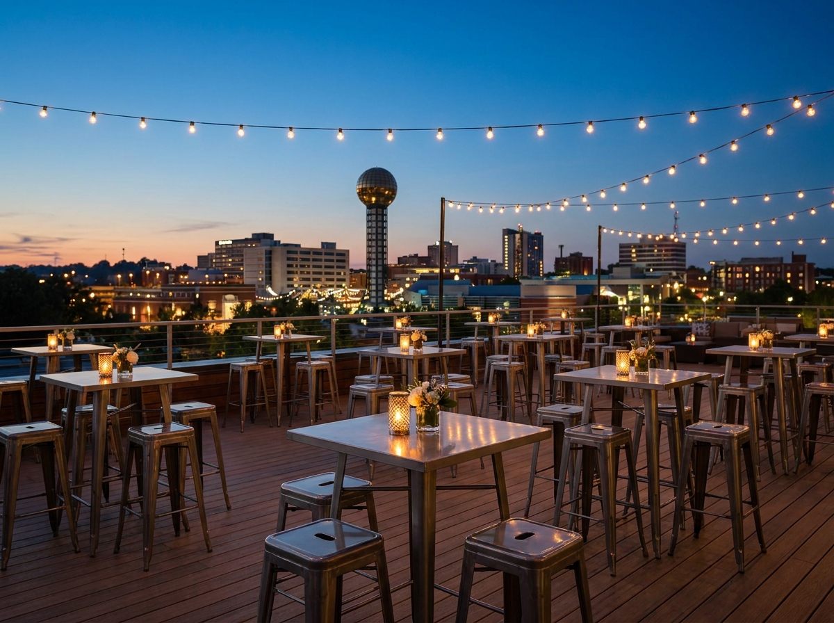 A rooftop bar at dusk set up for a Knoxville networking event.