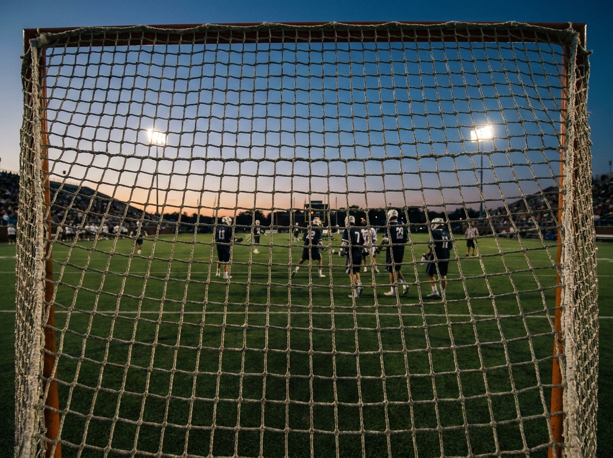 View of a lacrosse game at dusk from behind the goal.